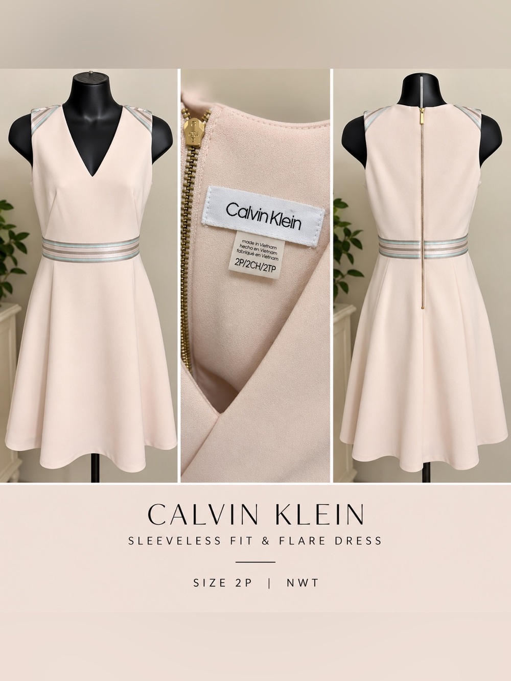 Calvin Klein Pale Blush V-Neck Sleeveless Fit & Flare Dress